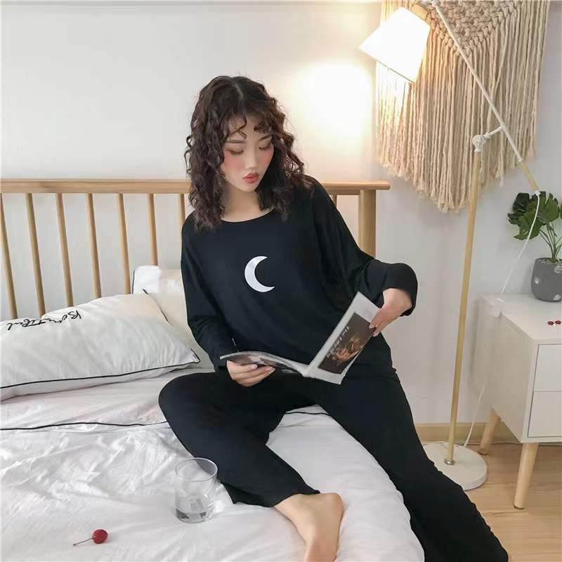 Spring Autumn Pajamas Set Modal Long Sleeve Moon Printing Pyjama Suit Ladies Loose Large Size Home Wear Outer Wear Suit
