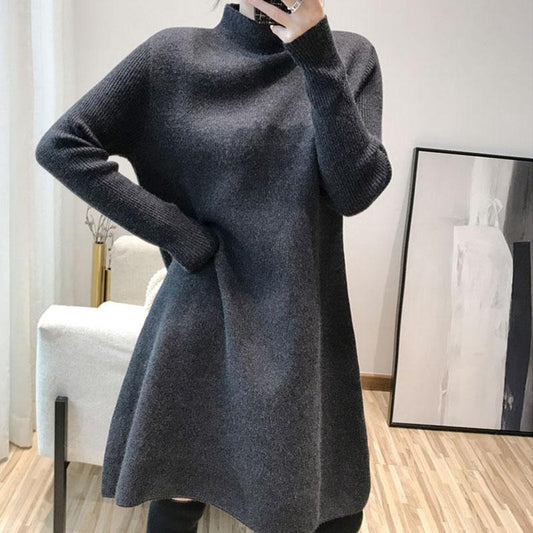 Autumn and Winter Mid-length Casual Sweater Half High Neck Thick Pullover Blouse Knitted Loose Women Sweater Dress