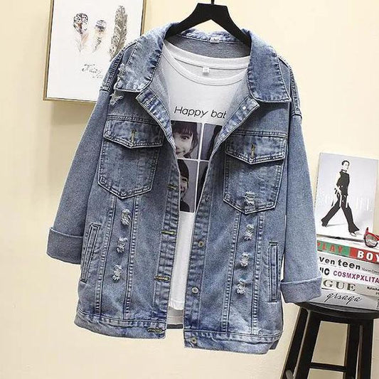 Female Spring Large Size Casual Print Denim Coat Women's Autumn Long Sleeve Loose Buttons Lapel Denim Jacket