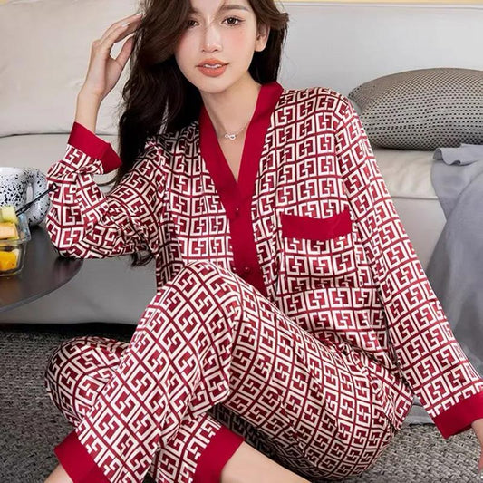 Women's Spring Autumn Red Pajamas Set Silk Long-sleeved V-neck Shirt Pants Two-piece Set Out Wear Large Size Loose Thin Homewear Luxurious Nightgowns