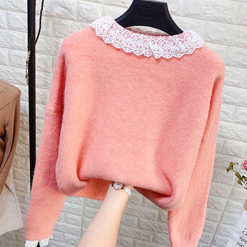 Girly Princess Lace Crew Neck Knitwear Skin-friendly High Elastic Women Pullover Sweater