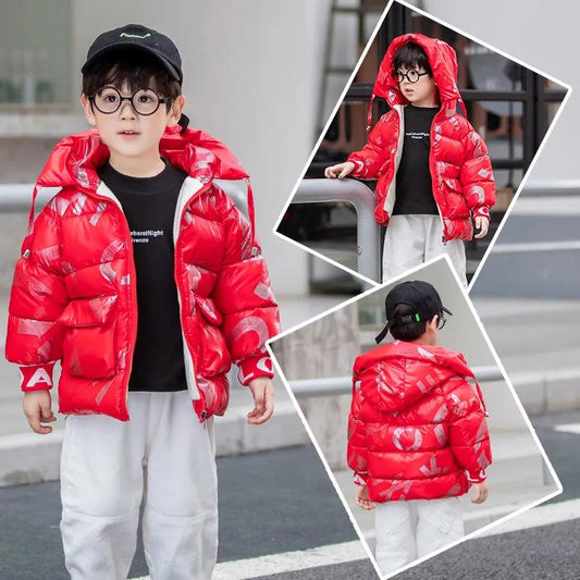 Children's Down Jacket Boys Baby Bright Face Disposable Girls Plus Velvet Thick Autumn and Winter Hooded Printed Cotton Jackets