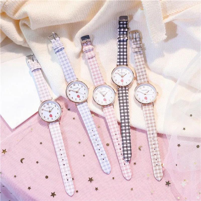 Women's All-match Cute Quartz Watches Strawberry Luminous Watches Plaid Fabric Strap Student Wrist Watches