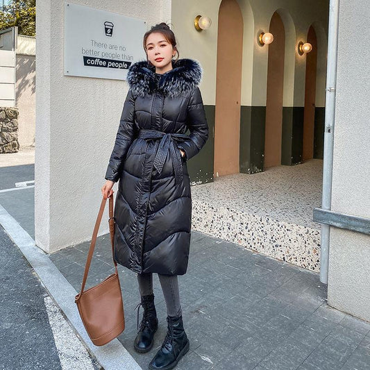 Winter Fashion Warm Cotton Coat Women's Mid-length Slim and Thin Padded Down Padded Jacket Over The Knee Large Fur Collar Coat