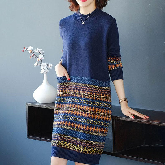 Women's Retro Rhombus Printed Sweater Long Jacquard Knitted Dress Pullover Sweater Dress with Pockets for Bottoming or Outer Wear