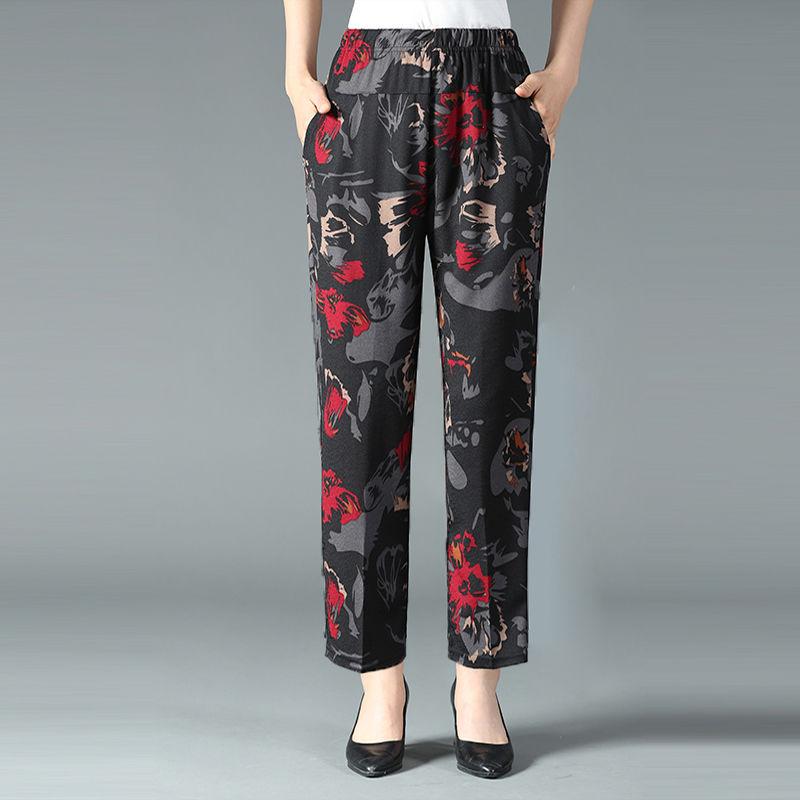 Women's Trousers Casual Pants Straight-leg Pants Plus Size Pants Women's Trousers Middle-aged Flower Pants