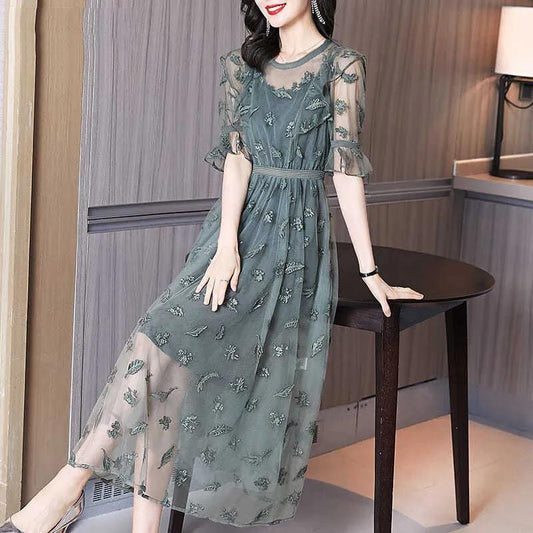 Heavy Industry Embroidery Flower High-end Dress Spring French Waist Slim Ruffled Mesh Skirt Women's Sweet Waist Mesh Skirt