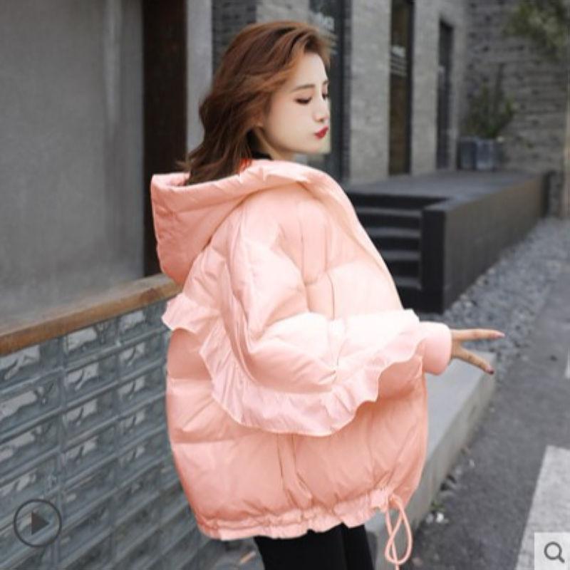 Winter Clothes New Personality Women's Down Jacket Candy Color Hooded Drawstring Ruffled Sleeves Fashionable White Duck Down Loose Coat