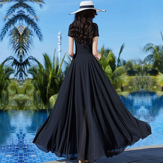 Summer Long Chiffon Dress Temperament V-neck Waist Slimming Long Dress Beach Long Dress Temperament Elegant Dance Dress