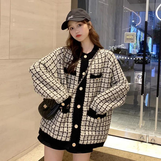 Ladies Autumn Loose Sweater Jacket Retro Shirt Long Sleeve Plaid Single Breasted Knit Cardigan