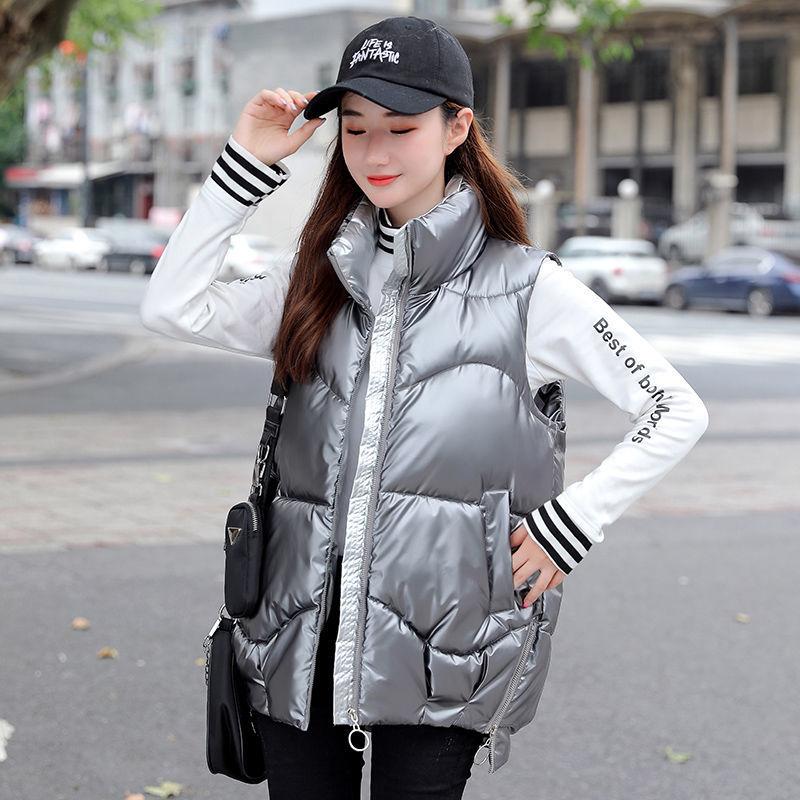 Glossy Down Cotton Vest Women's Short Stand-up Collar Hoodless Autumn and Winter Jacket Loose Wild Vest Cotton Vest Vest