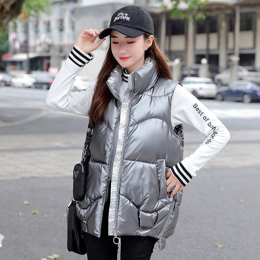 Glossy Down Cotton Vest Women's Short Stand-up Collar Hoodless Autumn and Winter Jacket Loose Wild Vest Cotton Vest Vest