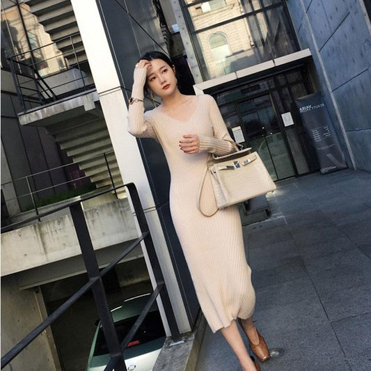 Autumn and Winter V-neck Slim Bottoming Shirt Knitted Long Dress Long Sleeve Mid-length Female Sweater Dress