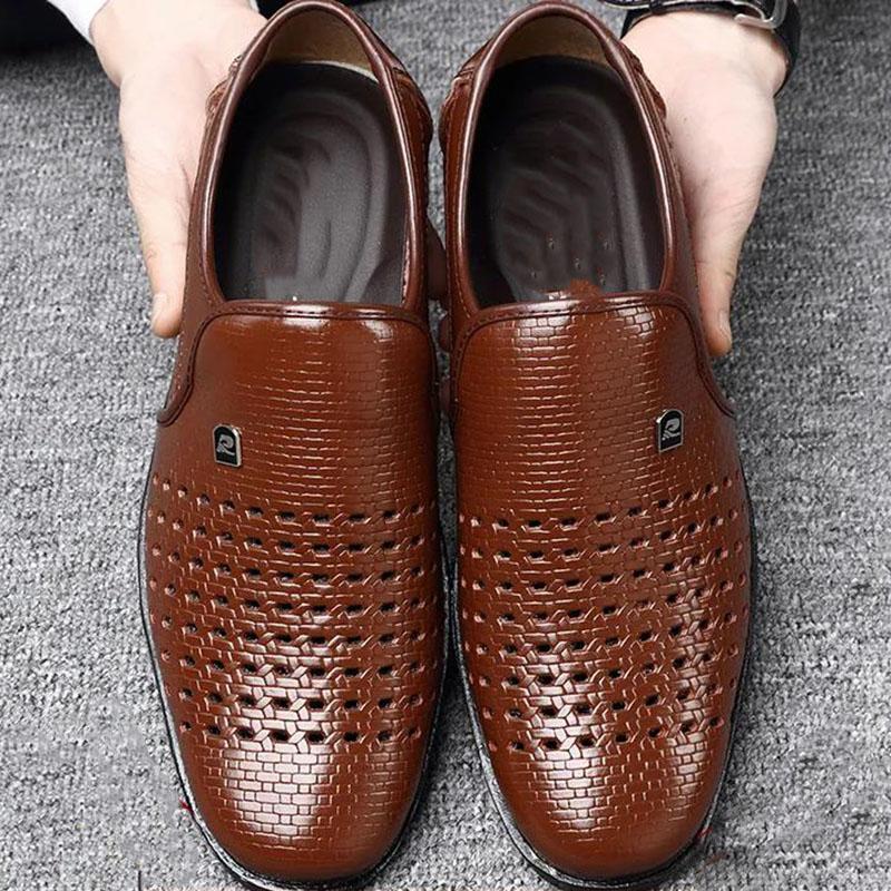 Leather Men Shoes Summer Hollow Breathable Oxfords Man Casual Shoes Slip on Formal Dress Shoes for Man