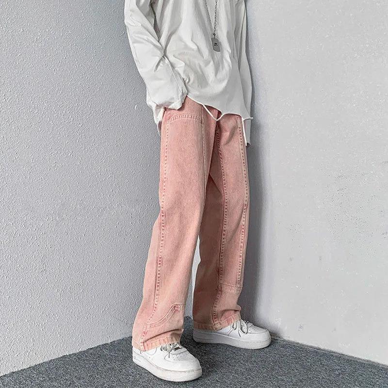 American Retro Bombing Street Pink Jeans Women Tide Autumn Loose Thin Letter Straight Wide Leg Pants