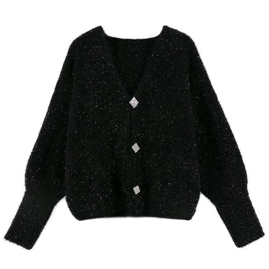 Women Bright Silk Cardigan Jacket Short Loose Lantern Sleeve Sweater Plus Size