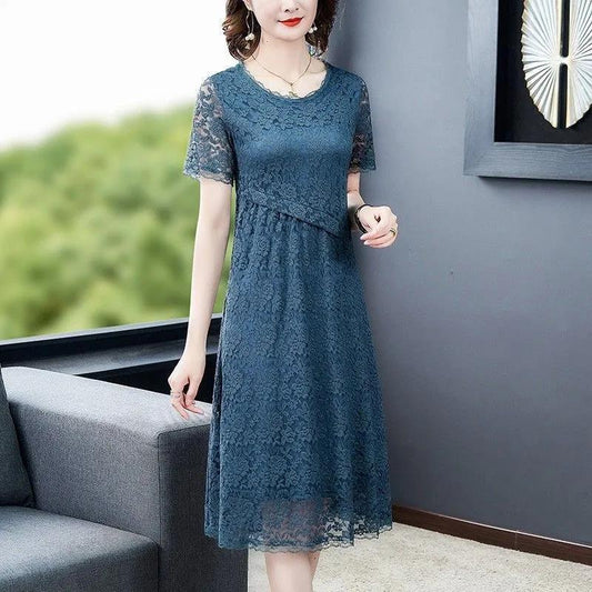 Women's Summer Short Sleeve Midi Dress Lace Loose Round Neck A-Line Skirt