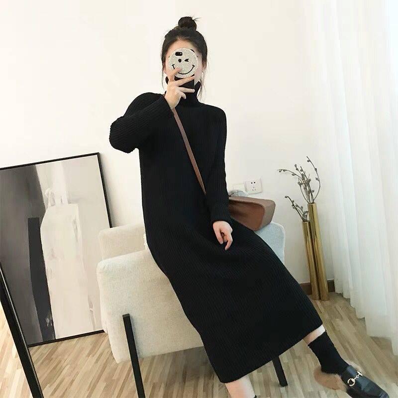 Pofulove thick sweater skirt women Korean version of the net red loose bottoming shirt mid-length high-neck over-the-knee jumper