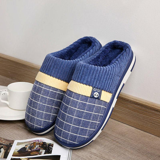 Winter Cotton Slippers Men's Plaid Non-slip Warm Thickened Plush Slippers for Home Use