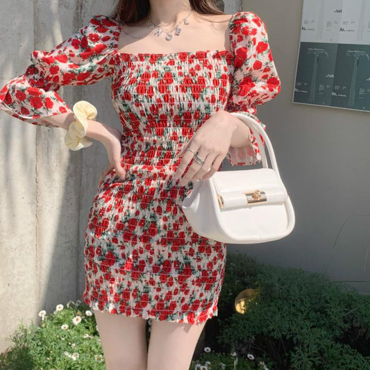 Women's Summer Slim Skirt Floral Square Neck Puff Sleeve Dress