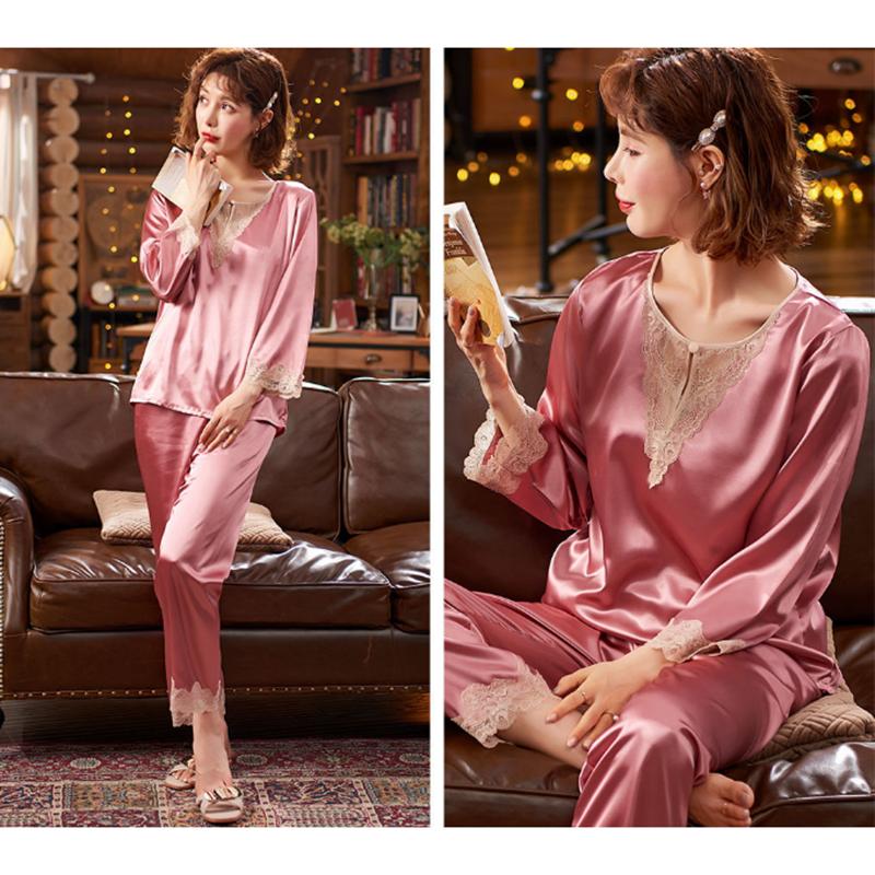 Women's Spring Autumn Long Sleeve Pajamas Set Luxury Ice Silk Sexy V Neck Lace Pyjamas Simulated Silk Sleeping Suit Silky Large Size Homewear Set