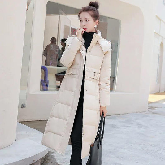 Winter Detachable Hat Fashion Leisure Long Knee Down Cotton Jacket Women's Belt Slim Thickened Cotton Jacket
