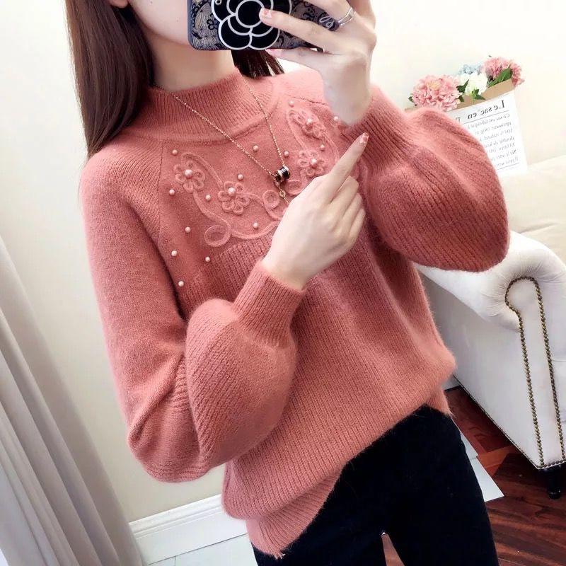 Women Yellow Half Turtleneck Short Pearl Pullover Sweater Office Thin Soft Bottoming Shirt