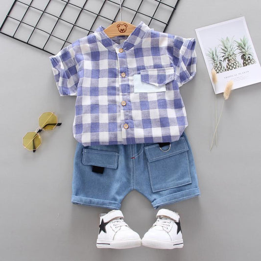 Children's Summer Wear Two Piece Set of Boys' and Girls' Korean Plaid Collar Short Sleeve Shirt and Shorts