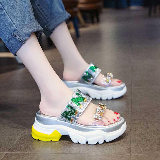 Size 35-39 Summer Women Shiny Slippers Bohemian Beach Wear-resistant Non-slip Slippers Wedge Platform Rhinestone Sandals Outdoor Crystal High Heels