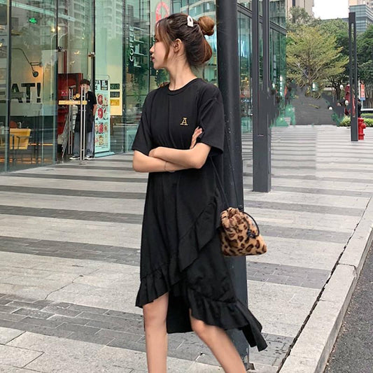 Loose Short-sleeve T-shirt Calf-length Ruffles Dress Holiday Beach Asymmetrical Dress