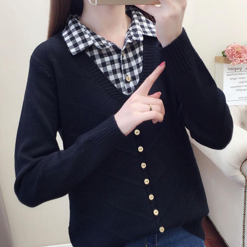 Autumn/Winter Korean Patchwork Pullover Loose Lapel Sweater Female Fake Two Piece Pullover Knitted Sweater Top