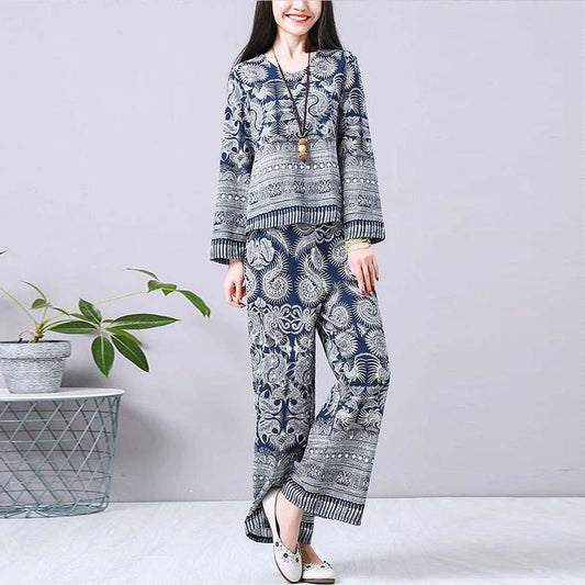 Cotton and Linen Suit Women 2021 Spring Plus Size Retro Literary Print Thin Two-piece Women's Clothing