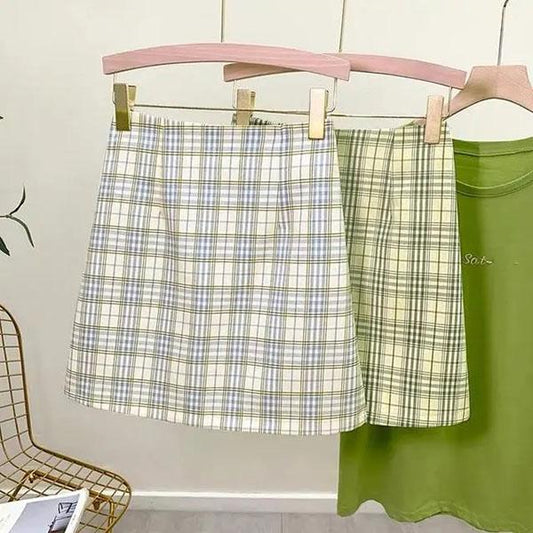 Retro Plaid Skirt Women's Summer Safety Panty Lining Plaid High Waist Bag Hip Skirt College Style All-match Thin Short Skirt