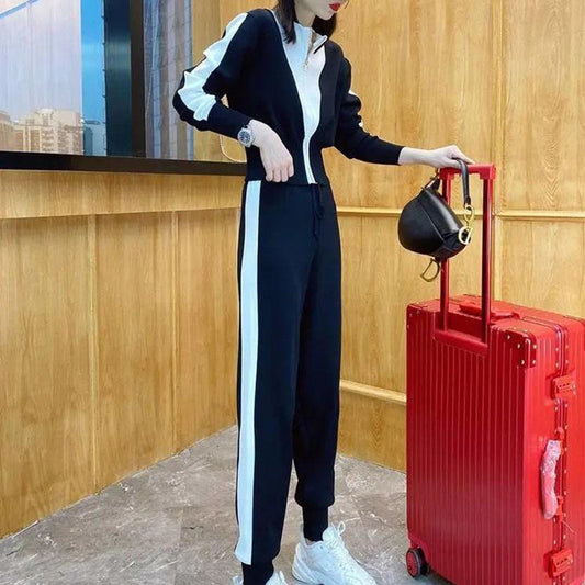 2pcs/set Autumn Winter Causal Sportwear Set Women's Color-blocking Knitted Sports Suit Short Knit Cardigan Jacket + Pants 2piece Set Sports Suit
