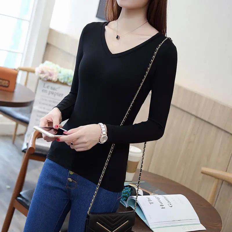 Solid Basic Long Sleeve Womens Tshirt Casual Black White Ladies Top T Shirt Ladies Fashion Tee Shirt Pullover