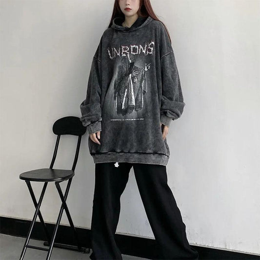 Women's Retro Dark Demon Print Hooded Sweater Student Personality High Street Washed Old Hiphop Loose Top Ladies Long-sleeved Pullover Sweater