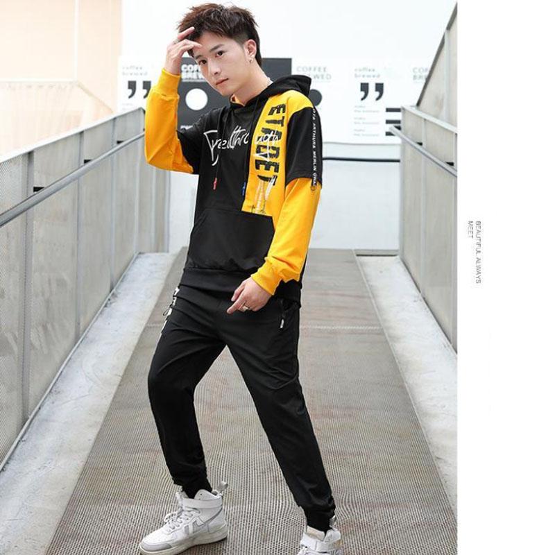 Teen Trendy Sweater Suit Hooded Pullovers and Casual Pants Men Sports Suit Campus Clothing