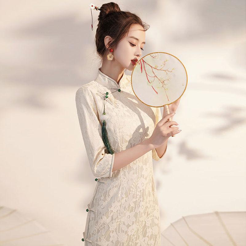 Retro Chinese Style Cheongsam Summer Short-sleeved Chinese Style Retro Improved Long Daily Dress Slim Sexy Elegant Dress