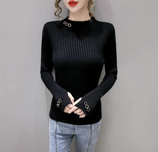 Half Turtleneck Knitted Bottoming Shirt Women's Solid Color Button Decorated Long Sleeve Pullover Sweater Slim Fit Versatile Top