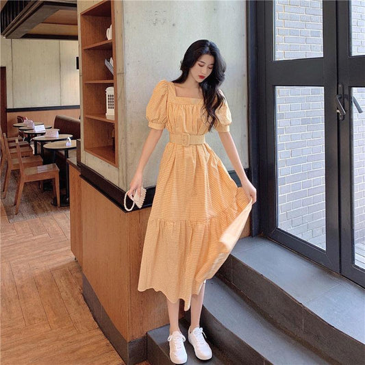 Women's French Retro Style Orange Dress with Puff Sleeves Square Collar Waist Waist Slim Dress