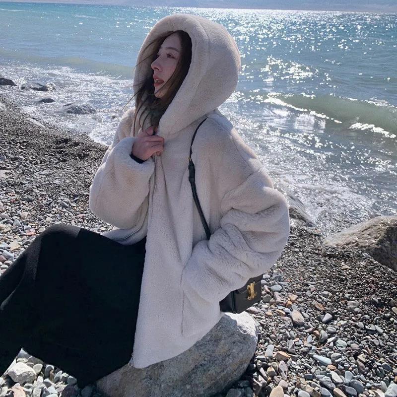 Autumn and Winter Hooded Rabbit Fur Coat Fleece Loose Thick Coat Solid Color Faux Fur Coat Large Size