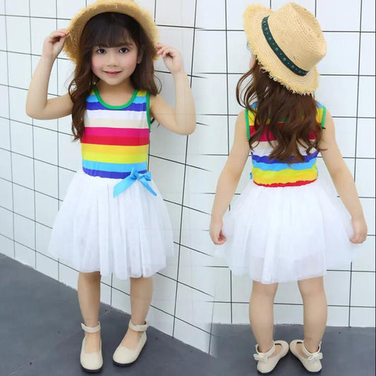 Girls Kids Rainbow Striped Tutu Dress Princess Sleeveless Mesh Dresses Summer Casual