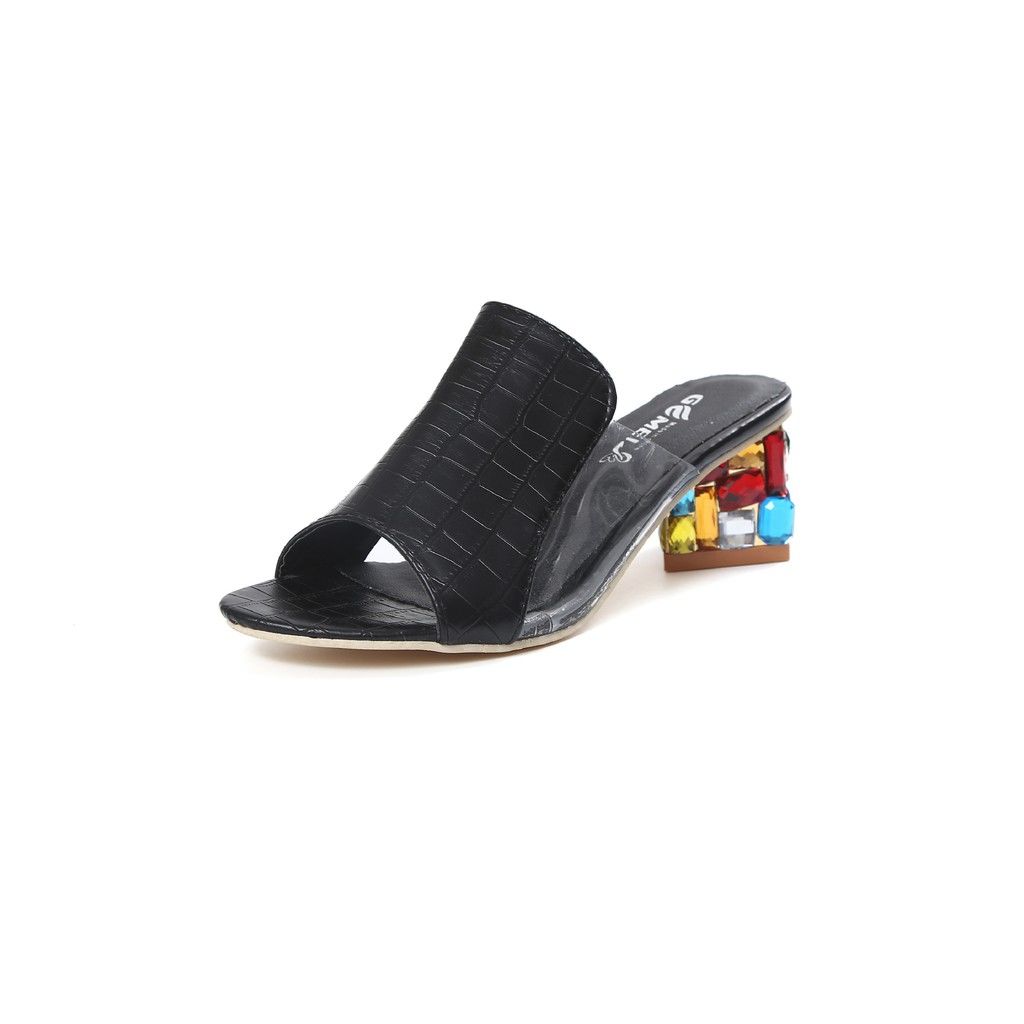 Crystal Women's Shoes Fish Mouth Mid-heel Waterproof Platform Rhinestone Large Size Sandals Women Thick Heel Sandals Slippers Women