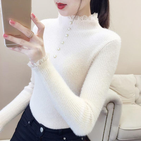 Half High Collar Imitation Mink Velvet Women's Sweater Bottoming Shirt Winter Lace Sweater Top