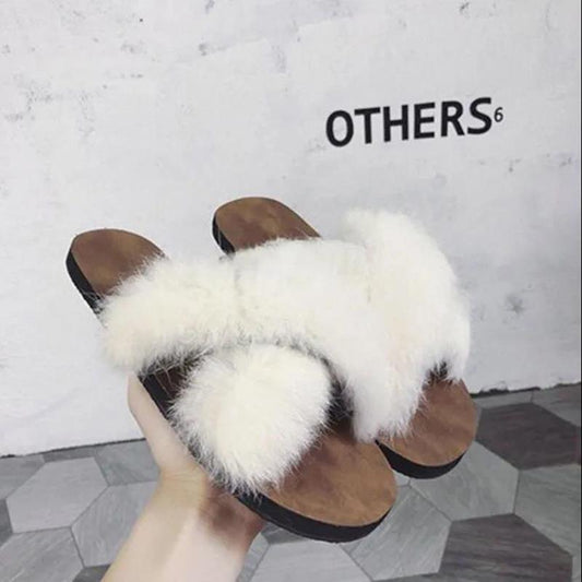 Hairy Slippers Women Fall/winter Non-slip Soft Bottom All-match Cross-over Sandals and Slippers Cute Sexy Women's Flat-bottom Sandals and Slippers