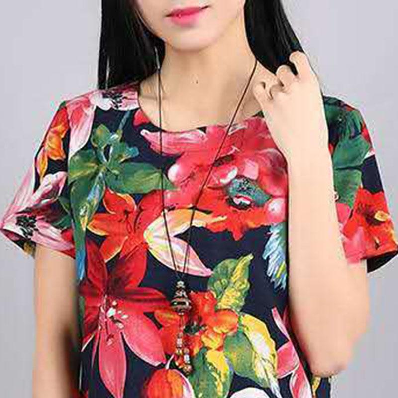 Women's Summer Short-sleeved Mid-length Dress Floral Round Neck Large Size Skirt