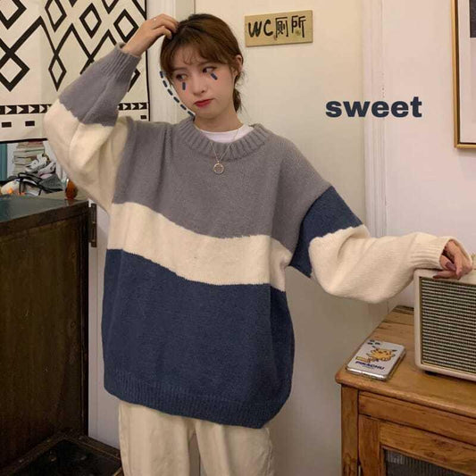 Winter Color Matching Hip-hop Round Neck Pullover Sweater Women Loose Wearing Thick Sweater