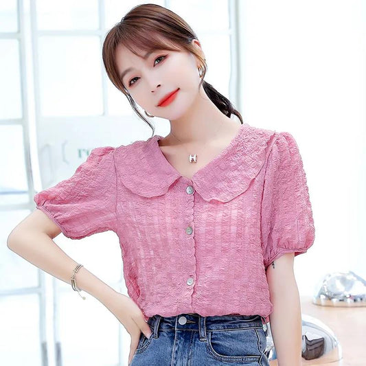 Summer Loose Solid Color Short-sleeved Doll Collar Chiffon Shirt Top Women