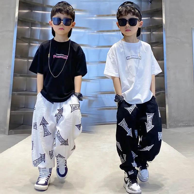 Thin Boys Summer Breathable Sweat-absorbing Short Sleeves + Loose Pants Suits Casual Street Dance Clothes Cool Children's Two-piece Set