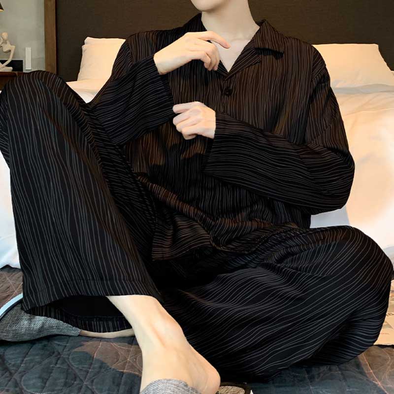 Men's Pajamas Summer Cardigan Ice Silk Thin Section Spring and Autumn Long-sleeved Trousers Youth Plus Size Silk Homewear Suit
